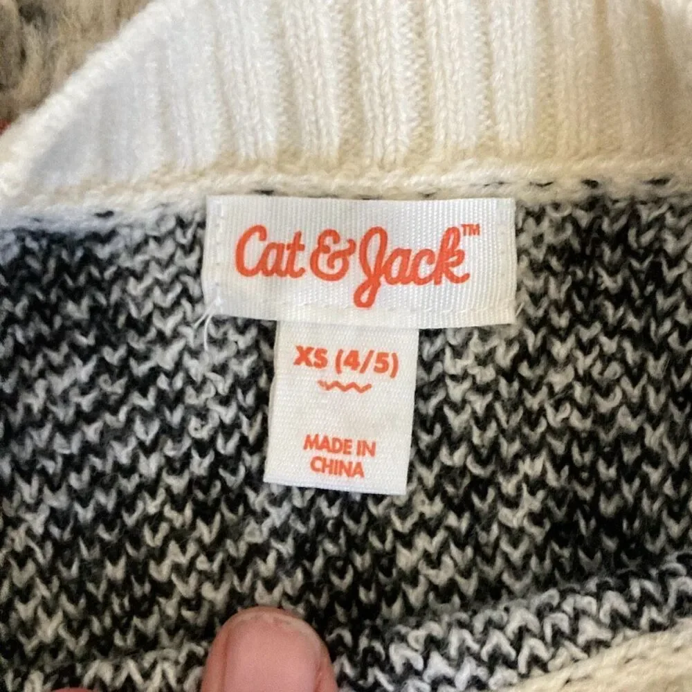 Cat & Jack Girls Fair Isle Sweater XS 4/5 Cream Black Pullover Cozy Knit